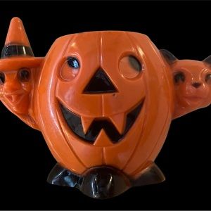 Vtg BLOW MOLD 50s Mid Century HALLOWEEN CANDY CONTAINER Witch, Cat & Pumpkin
